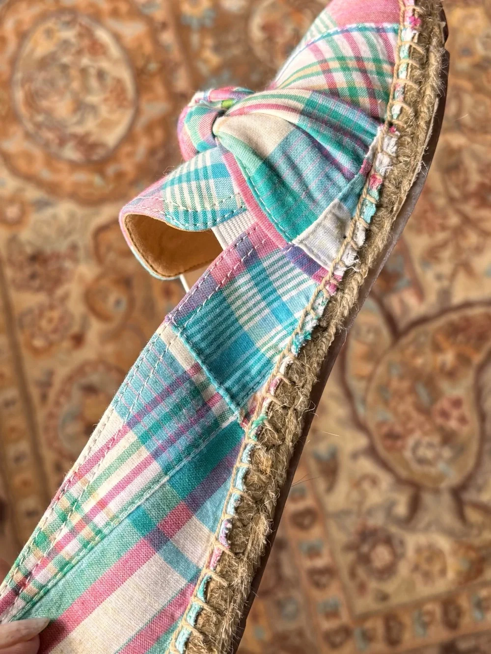 Talbots Pastel Plaid Knot-Top Espadrilles in Pink and Teal